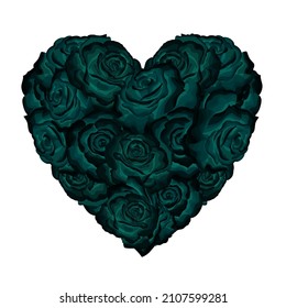 Gothic mystic dark roses filled heart isolated on white background. Hand drawn design card for holiday invitations, greeting, quotes, blogs, decoration