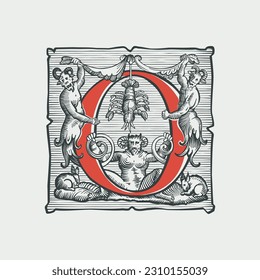 Gothic-O-Brief-Logo. mittelalterliches Tropfen. Teufel, Hexen und Geister in der Hölle. Gravierende Schraffurgrafik. Germanische Schriftart für Bezauberungsetiketten, heidnische Musik, schwarze Magie-Plakate, Tränenverpackungen.