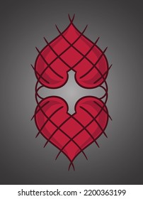 Gothic Ornament Symbol Two Hearts Caught in a Net in Dark Space in Vector Illustration