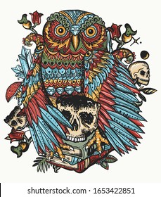 Gothic owl bird and stack of books. Education concept. Esoteric tattoo style. Fairy tale art 