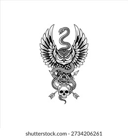 Coruja gótica com ilustração vetorial de tatuagem de cobra e caveira Archer.