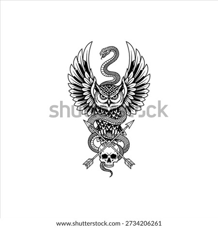 Gothic Owl with Snake and Skull Archer Tattoo Vector Illustration.