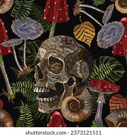 Gothic pattern. Embroidery mushrooms and skull seamless pattern. Dark autumn forest. Halloween fairy tale art. Fashion nature template for clothes, textiles, t-shirt design