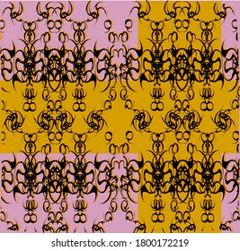 Gothic pattern, ornament on a pink and yellow background, curls