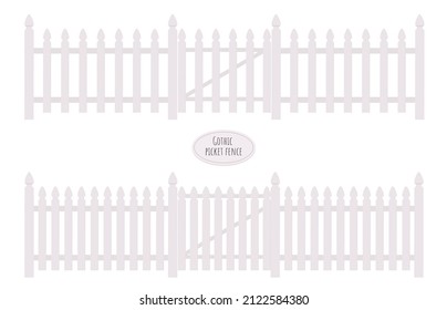 Gothic picket fence with gate. White wooden garden fence. Vector illustration