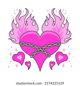 Gothic pink Hearts with Chains and Flames. Emo goth aesthetic element. Vector Illustration