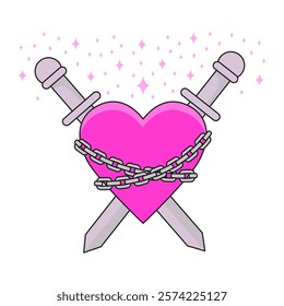 Gothic pink Hearts with Chains and Swords. Emo goth aesthetic elements. Vector Illustration