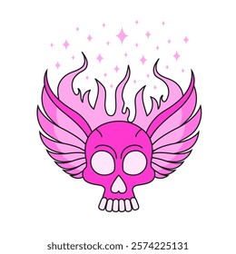 Gothic pink Scull and Flames. Emo goth aesthetic element. Vector Illustration