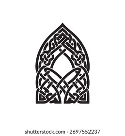 Gothic Pointed Arch Celtic Knot Vector Design Intricate Interlocking Line Art Illustration for Spiritual Branding and Tattoo Template