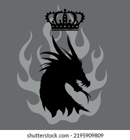 Gothic poster of the black dragon on the backdrop of fire. Black dragon with crown over his head as wallpaper, background or poster.