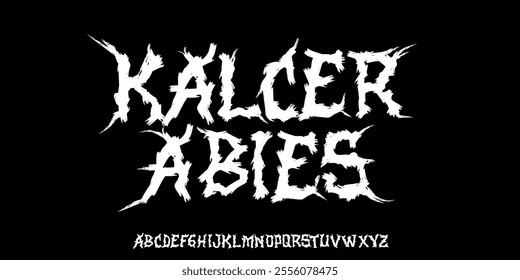 Gothic Punk style type font with Rock and Dark Rock signs and symbols. Dark style font 00s concept. Rock n Roll style lettering, designed in a heavy metal inspired font. Vector illustration 