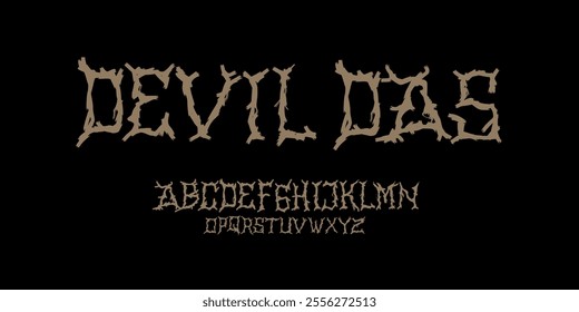 Gothic Punk style type font with Rock and Dark Rock signs and symbols. Dark style font 00s concept. Rock n Roll style lettering, designed in a heavy metal inspired font. Vector illustration 