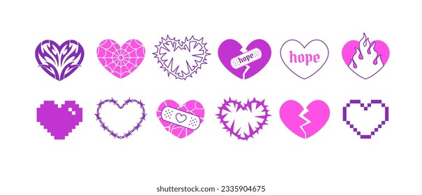 Gothic Punk Y2k Hearts Aesthetic 2000s tattoo art stickers. Vector Pink hearts with barbed wire, fire, hope, love. Neo tribal style heart tattoo