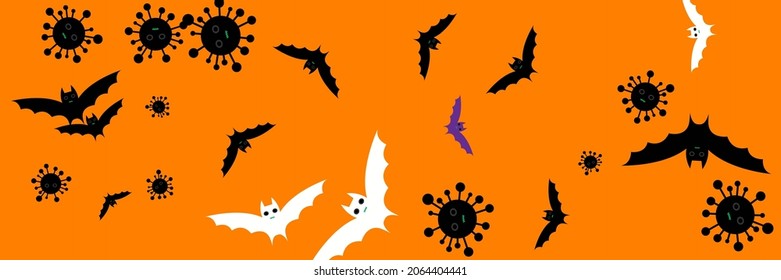 Gothic Purple Covid Cartoon Vampire Backdrop. Funny Dracula Spooky Vaccination Party Background. Fear Horror Creepy Faces Grey Bats. Scary Mysterious White Corona Virus Black Halloween Illustration.