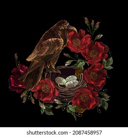 Gothic raven, bird nest and red roses flowers. Embroidery dark fairy tale art.Esoteric medieval concept. Halloween template for clothes, t-shirt design 