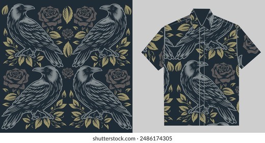 Diseño sin costura del cuervo gótico y de la rosa para la camiseta