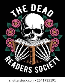 Gothic Reading Skeleton Art - Floral Bookworm Illustration