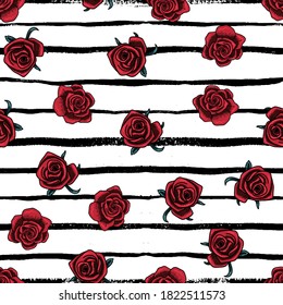Gothic Red Roses auf Schwarz-Grungy Streifen Vektor nahtloses Muster