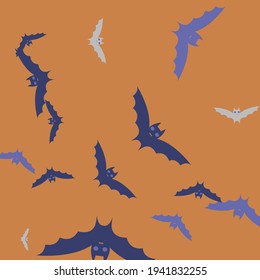 Gothic Retro Chaos Eyes Art Flying Bats Fabrics. Attack Purple Scary Violet Background. Night Colorful Creepy Orange Halloween Modern Design. Print Spooky Motion Grey Sky Bats Vector Background.