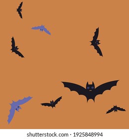 Gothic Retro Violet Print Flying Bats Art Pattern. Orange Black Chaos Creepy Halloween Modern Design. Purple Sky Colorful Motion Background. Night Eyes Attack Scary Spooky Bats Vector Illustration.