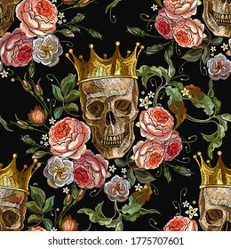 Gothic romanntic background. Dark fairy tale. Medieval seamless pattern. Golden crown, skull and red roses. Dia de muertos, day of the death art. Embroidery style 