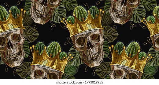 Gothic romanntic background. Dark fairy tale. Medieval horizontal seamless pattern. Golden crown, skull and palm leaves. Dia de muertos, day of the death art. Embroidery style 