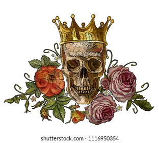 Floral Skull T-Shirt Flower Pattern Roses Vinatge Retro Hipster Top King Crown