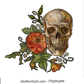 Gothic romanntic embroidery human skulls red roses, clothes template and t-shirt design vector. Embroidery skull and roses. Dia de muertos, day of the dead art 