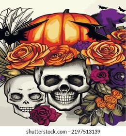 Gothic romantic human skull red roses   pink peonies and small pumpkins for halloween  clothing template   t  shirt design  day the dead  Vector stickers  prints  patches vintage