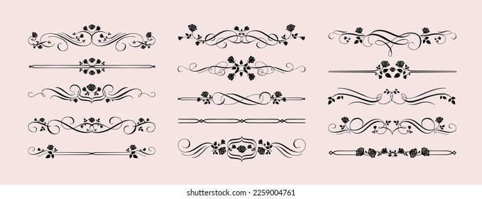 Gothic rose dividers. Gothcore borders with vintage calligraphic flourish and rose flowers decorative vector set. Classic borders with flourishing buds, blooming floral plants with swirls