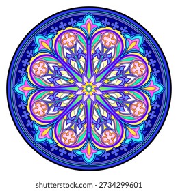 Gothic rose in medieval cathedral. Beautiful colorful stained glass window. Gothic architectural style. Architecture in French churches. Middle ages in Western Europe. Hand drawn vector.