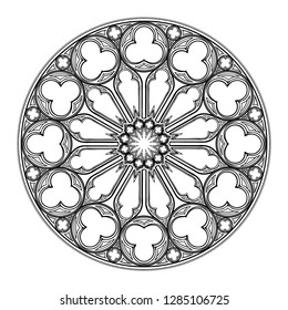 Gothic rose window. Popular architectural motiff in Medieval european art. Element for designing Coats of arms, medieval style illustrations. Black and white. EPS 10 vector illustration