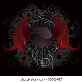 Gothic round banner with artistic painted red dragon wings on a black background.
