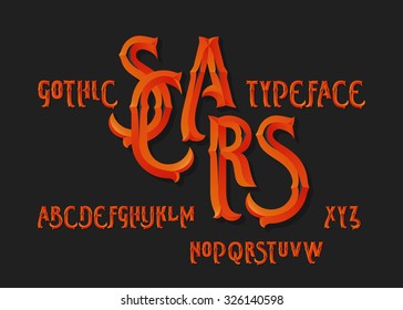 Gothic "Scars" typeface. Vintage beveled burning red font on dark background.
