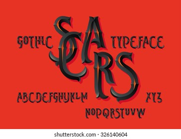 Gothic "Scars" typeface. Vintage beveled dark font on hot red background.