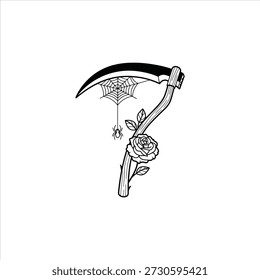 Gothic Scythe with Rose and Spiderweb Vector Illustration.