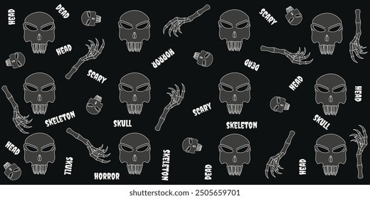 Diseño de fondo gótico sin fisuras. Plantilla de papel de regalo de Halloween. Patrón sin costuras de Scary Skull en estilo de sketch de moda. La Ilustración vectorial puede utilizar el Anuncio de Web de la impresión de la tela del abrigo textil
