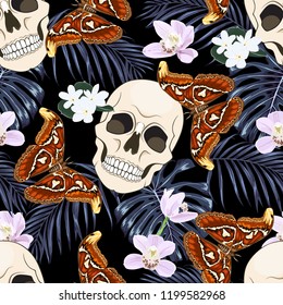 Gothic seamless background with skulls, giant butterflies and tropical flowers and leaves. Vector pattern.