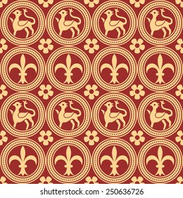 Gothic seamless pattern with animals and royal elements in a medieval style. Ornament for a tiles and mosaics. Vector file