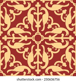 Gothic seamless pattern with birds. Royal elements in a medieval style. Ornament for a tiles and mosaics. Vector illustration