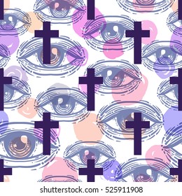 Gothic seamless pattern of cross and eye over colorful retro 80s, 90s abstract background. Psychedelic textile, fabric, wrapping, wallpaper. Vector illustration. Astrology, religion. Conspiracy theory