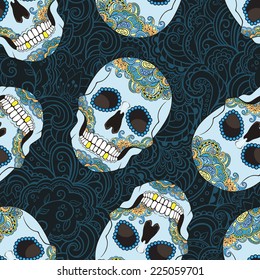 Gothic seamless pattern with doodle and sugar skulls. Vector Illustration 