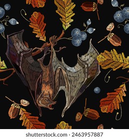 Gothic seamless pattern. Halloween art. Embroidery fashion style, template for design of clothes, t-shirt. Flying bat and blackberry and autumn leaves