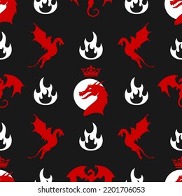 Gothic seamless pattern made up of dragons, wyverns, crowns and fire. Black, red and white endless repeating texture for printing on package, wrappers, envelopes, cards, fabric or gift paper.