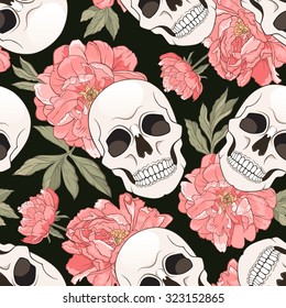 Gothic seamless pattern with pink peonies and skulls. Vector illustration