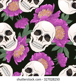 Gothic seamless pattern with purple peonies and skulls. Vector illustration