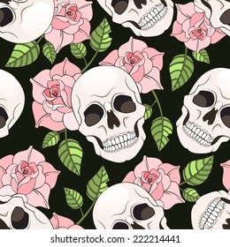 Gothic seamless pattern with roses and skulls. Vector Illustration 