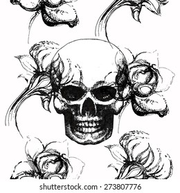 Gothic seamless pattern with roses and skulls. Skull and flowers seamless background day of the dead. Vintage grunge sketch flower patter.
