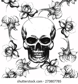 Gothic seamless pattern with roses and skulls. Skull and flowers seamless background day of the dead. Vintage grunge sketch flower patter.
