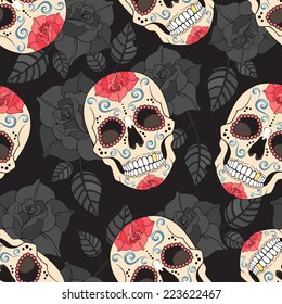 Gothic seamless pattern with roses and sugar skulls. Vector Illustration 